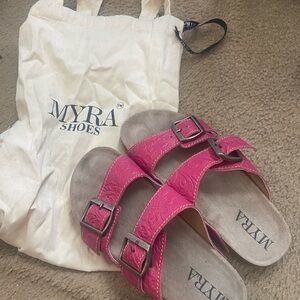 Myra Bag Pink Double-Buckle Embossed Slide Sandals